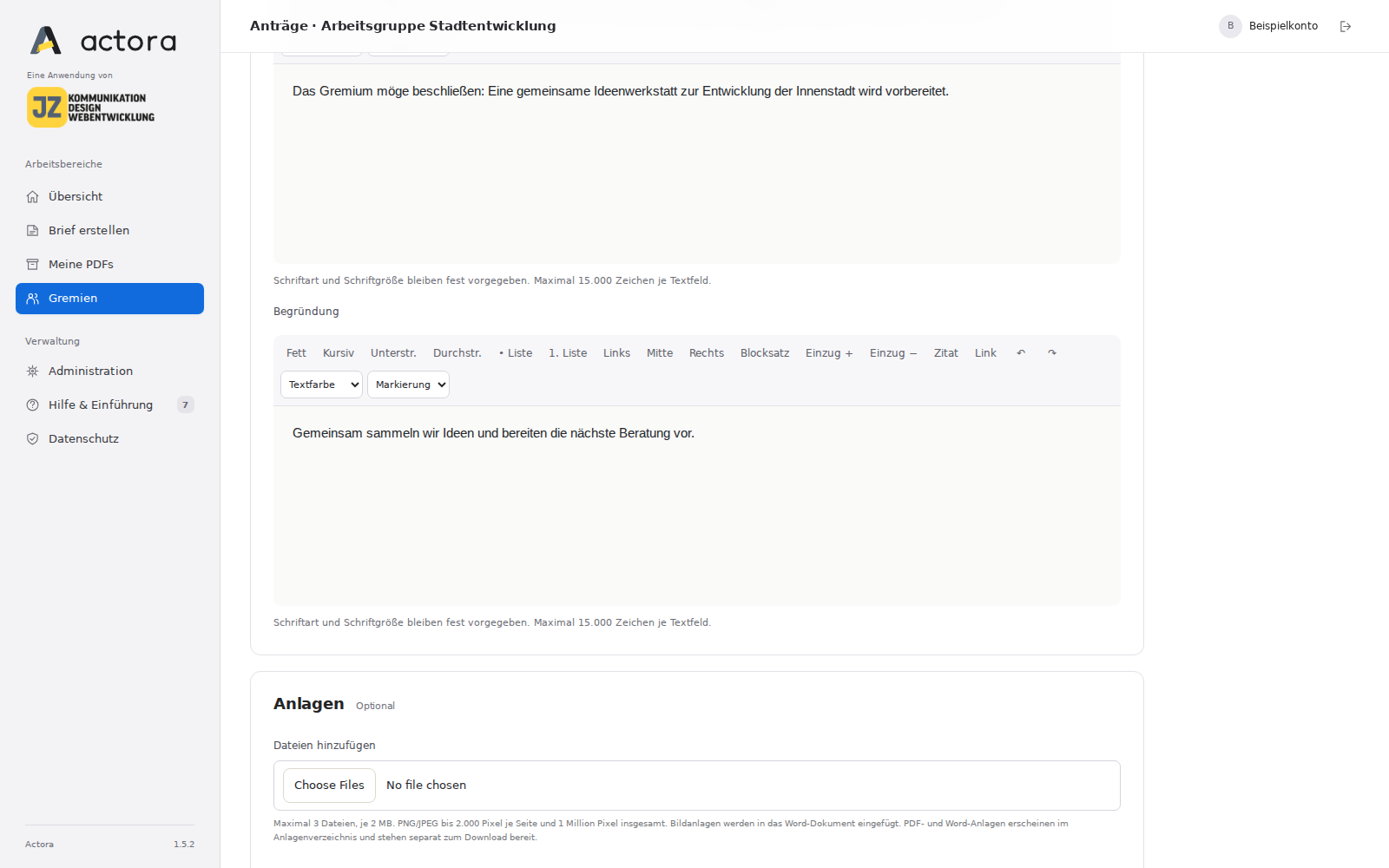 Internes Antragstool mit Autor, Titel und Antragsart