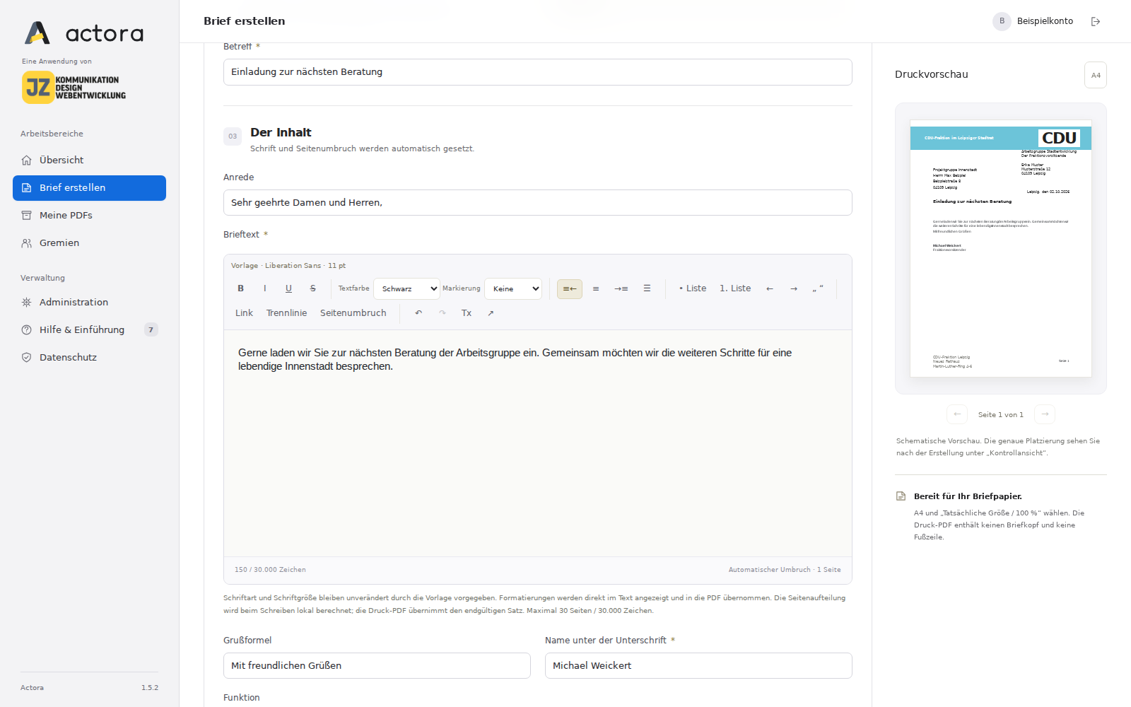 WYSIWYG-Editor und schematische Druckvorschau