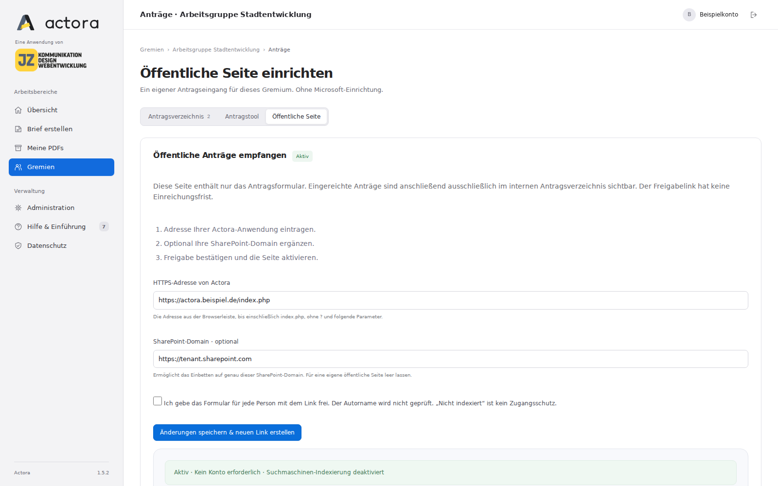 Einrichtung des öffentlichen Antragstools mit Freigabelink und Einbettungscode