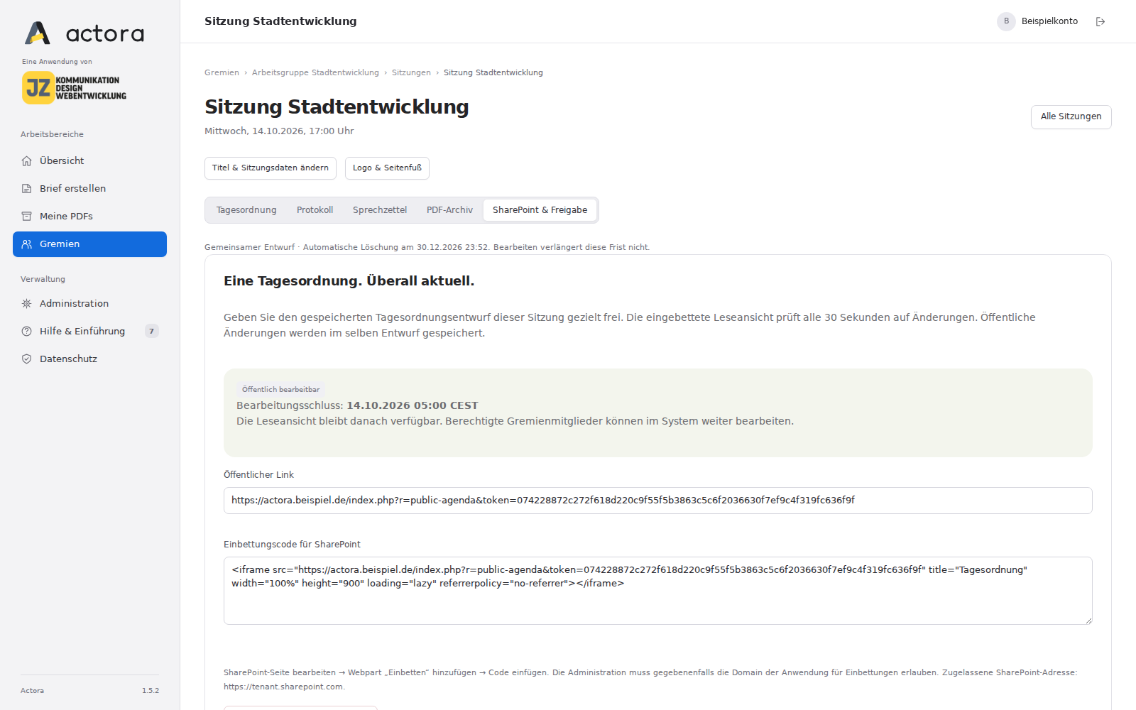Freigabeeinstellungen einer Tagesordnung