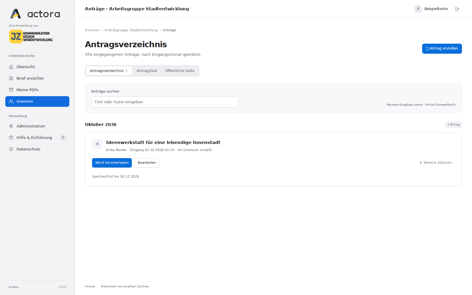 Antragsverzeichnis mit Monat, Suche und Word-Download