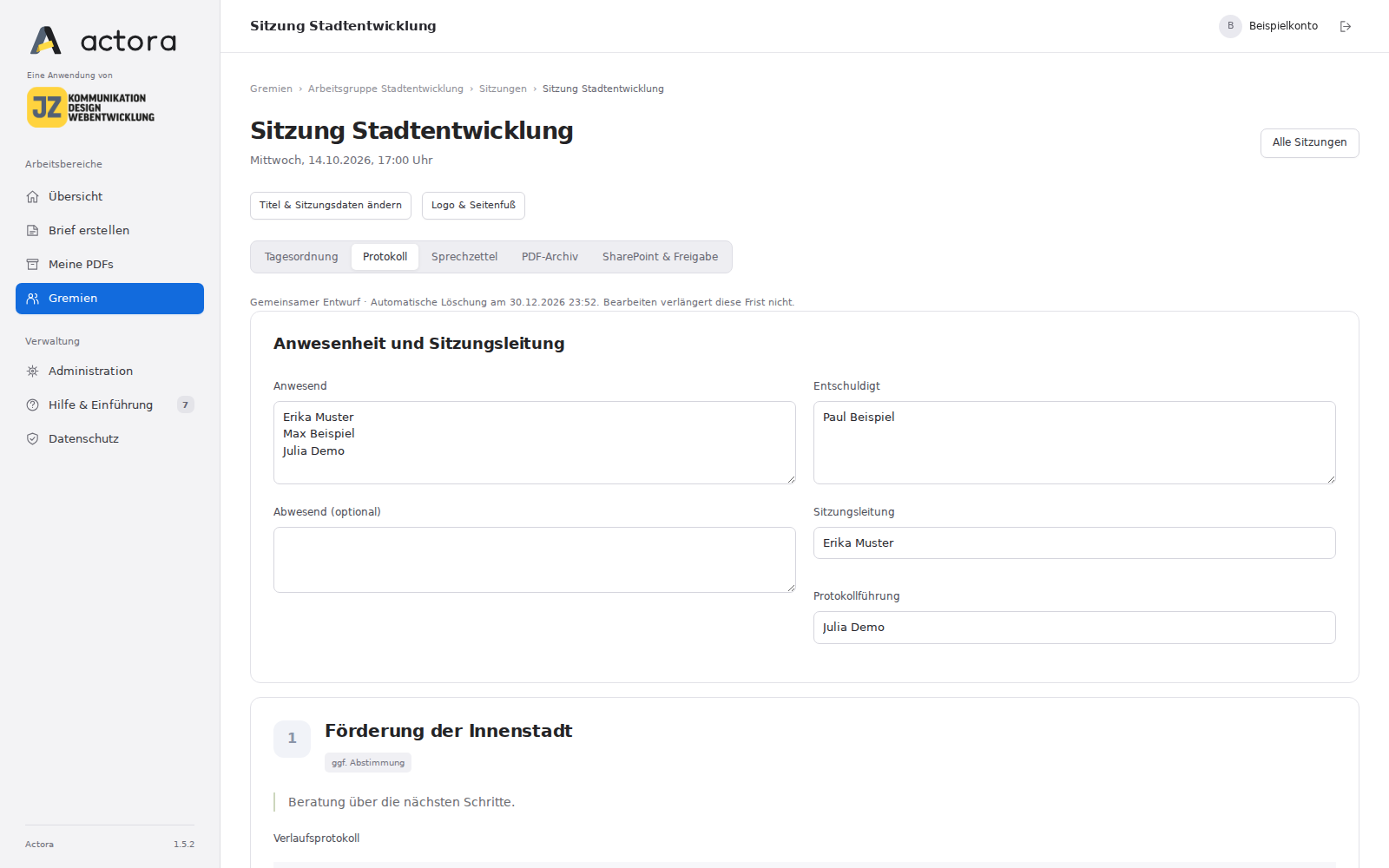 Protokoll mit Anwesenheit, Sitzungsleitung und Protokollführung