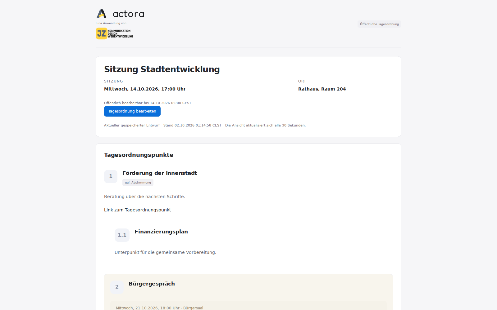 Öffentliche Tagesordnung mit Sitzungstermin, Ort und TOPs
