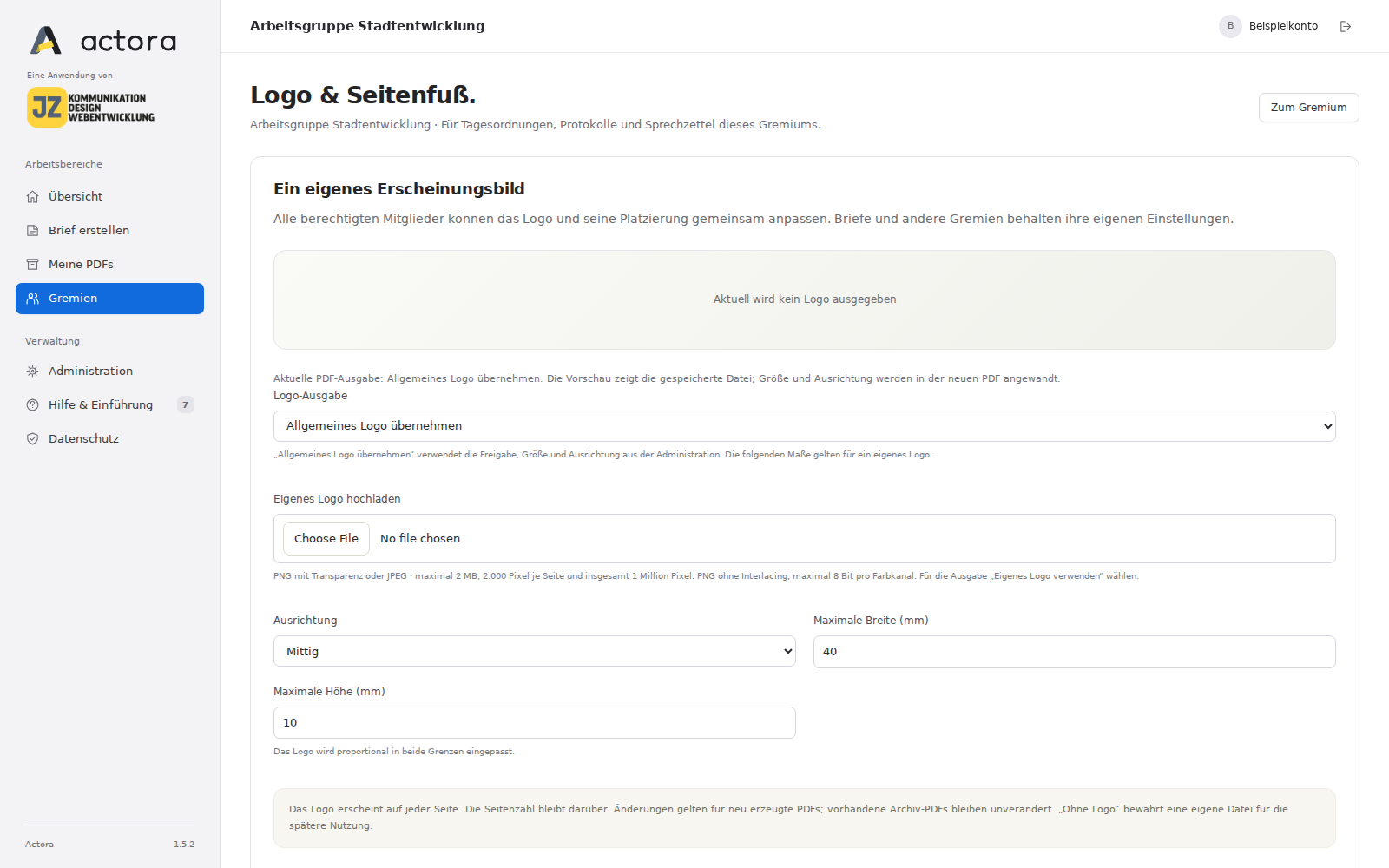 Gremienlayout mit Logo-Ausgabe, Größe und Ausrichtung