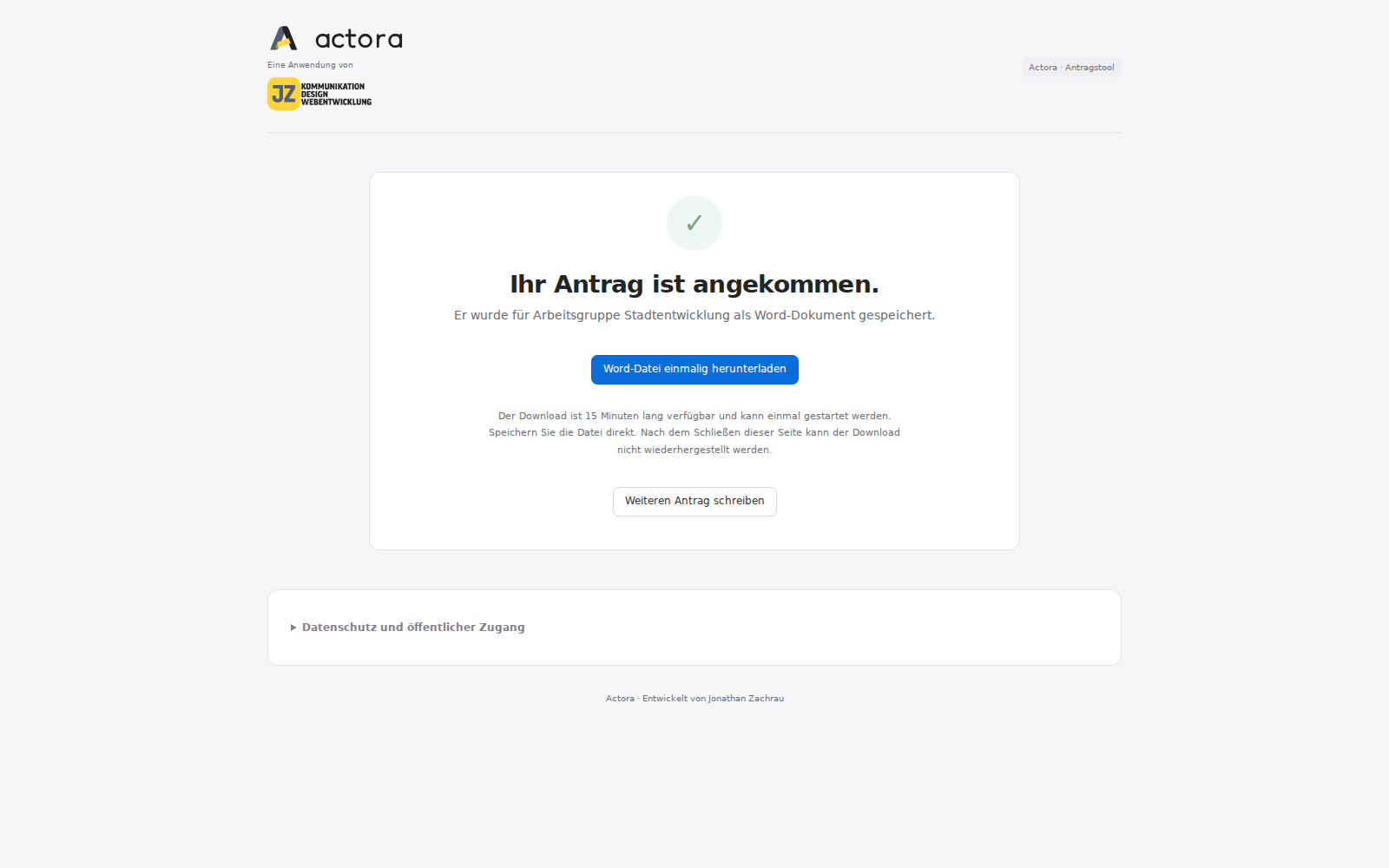 Bestätigungsseite mit einmaligem Word-Download