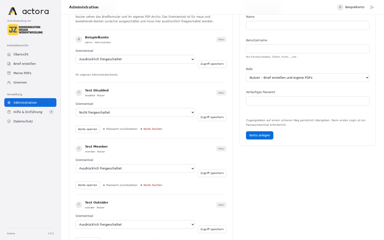 Benutzerkonten und ausdrückliche Freischaltung des Gremientools