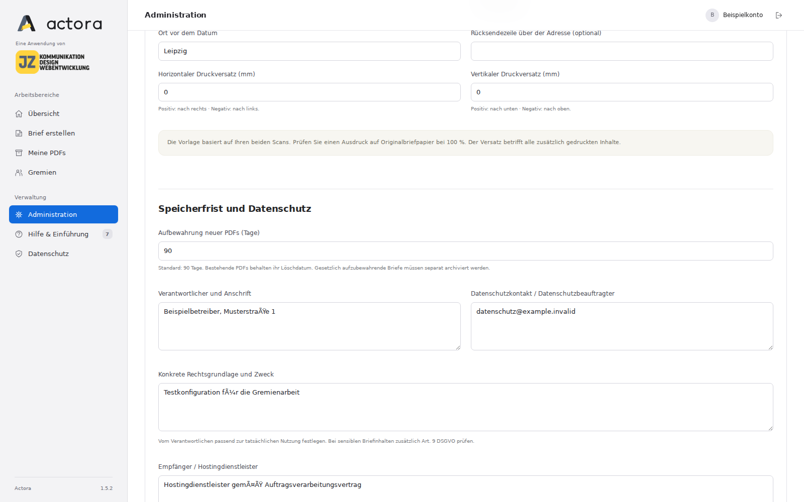 Speicherfrist und Datenschutzangaben in der Administration