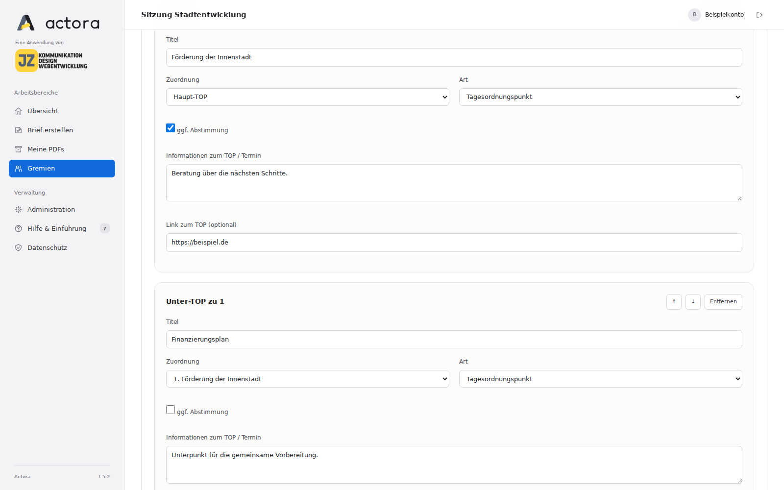 TOP-Formular mit Zuordnung, Art und Abstimmungskennzeichnung