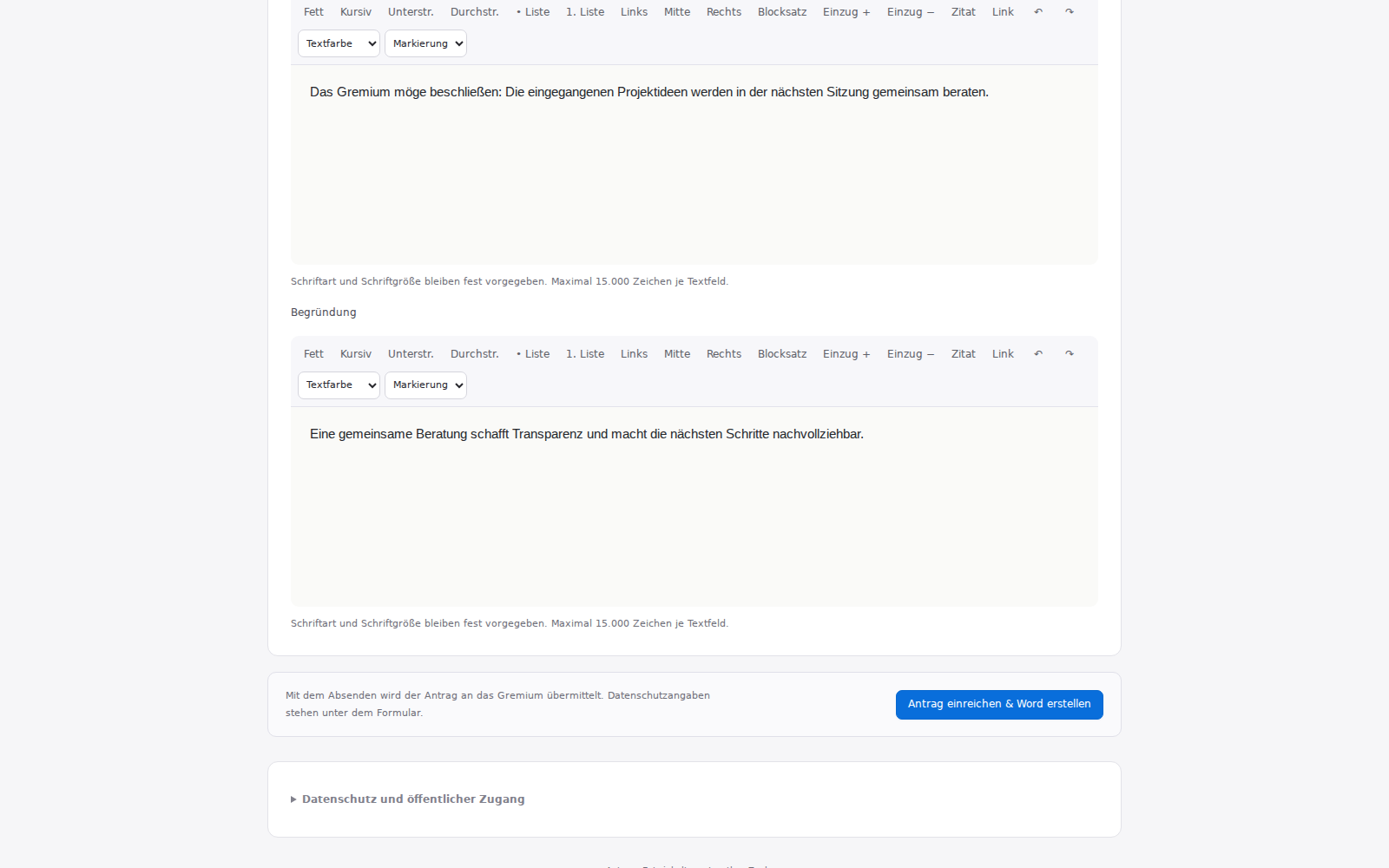 Öffentliches Antragsformular