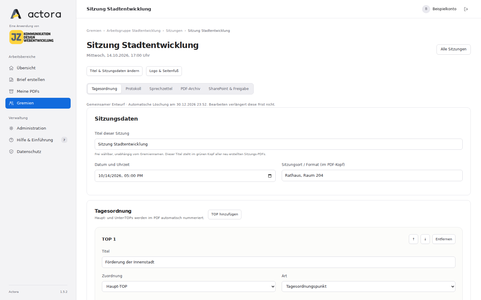 Sitzungsdaten und Beginn der Tagesordnung
