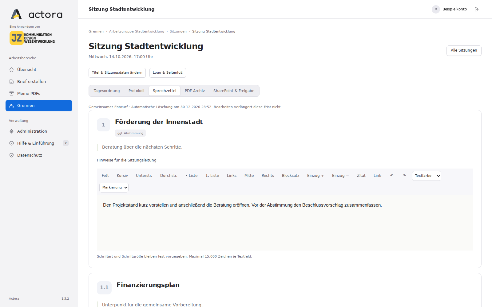 Sprechzettel mit eigenen Notizfeldern je Tagesordnungspunkt
